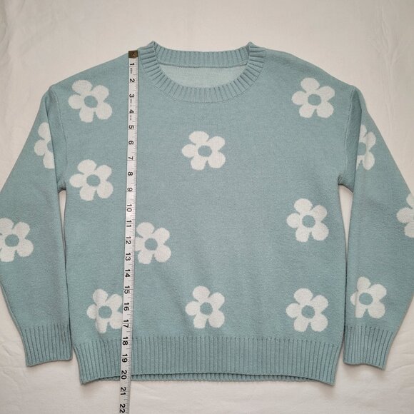 Retro Daisy Floral Print Knit Sweater Crew Neck Teal Blue Girls Boho - Picture 5 of 9